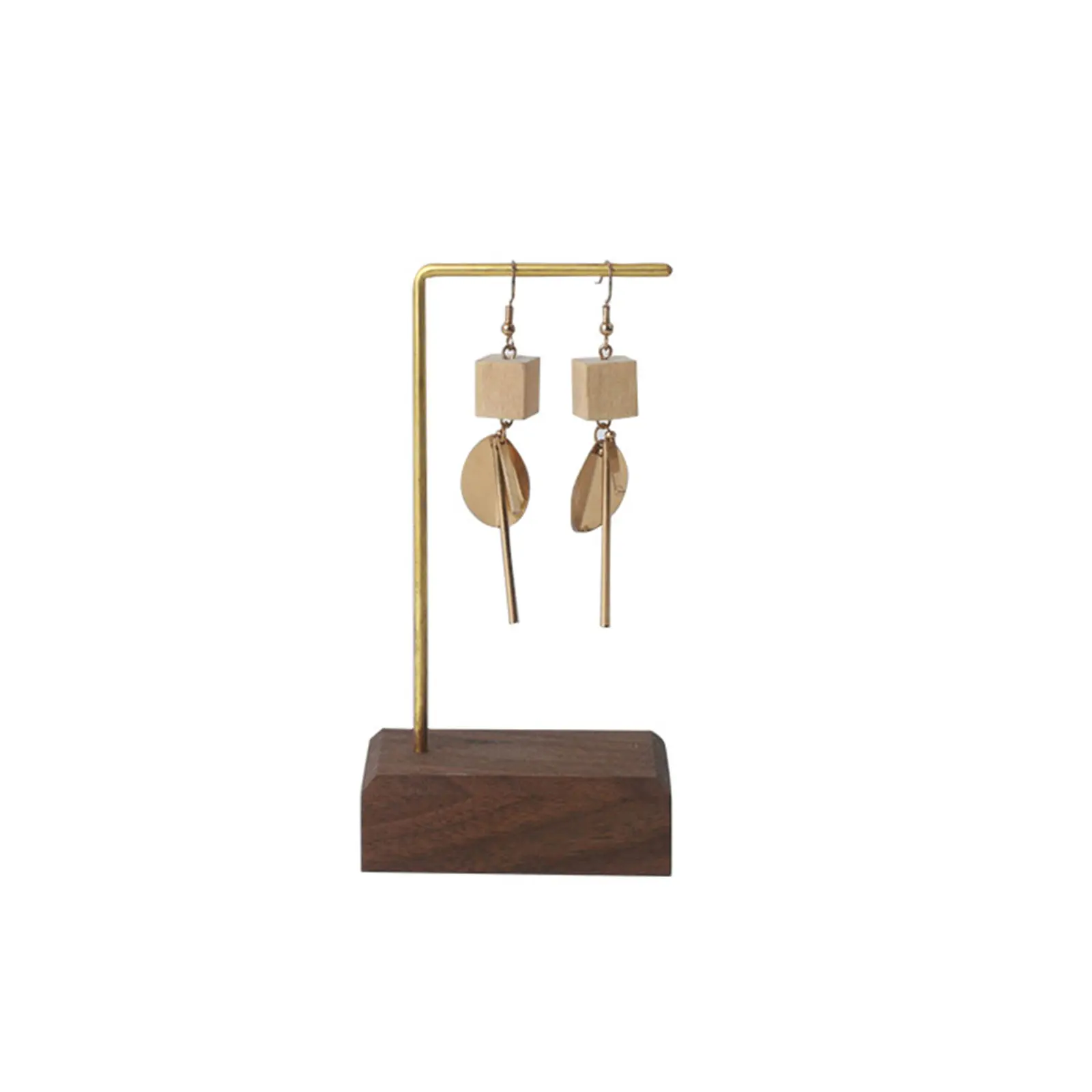 Brown Rectangular Base Golden T/L Bar High-end Black Walnut Wood Earrings Display Stand Storage Photo Prop Jewelry Organizer 1Pc