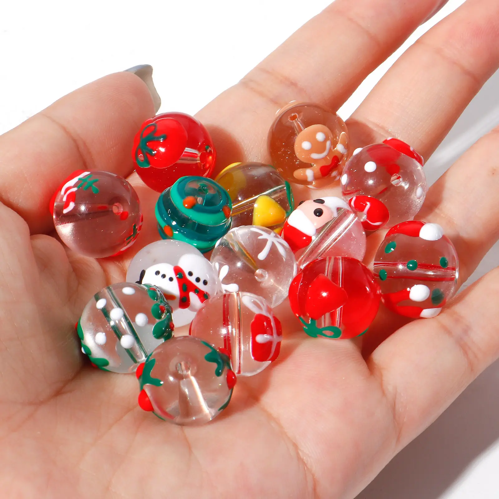 5 PCs Round Christmas Lampwork Glass Beads Multicolor Xmas Tree Snowman Enamel DIY Making About 14mm Dia, Hole: Approx 1.5mm