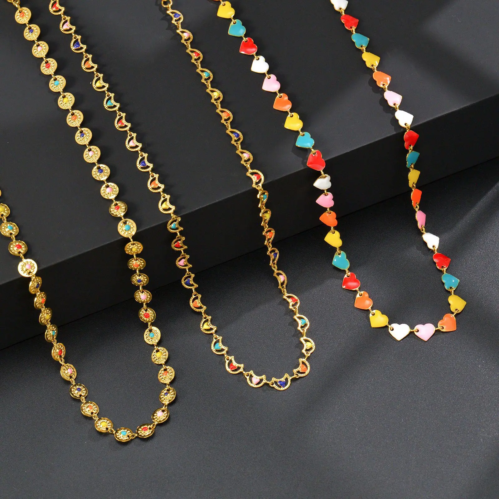 304 Stainless Steel Stylish Necklace Gold Color Multicolor Enamel Moon Heart Femme Jewelry Gift 35cm(13 6/8") long, 1 Piece