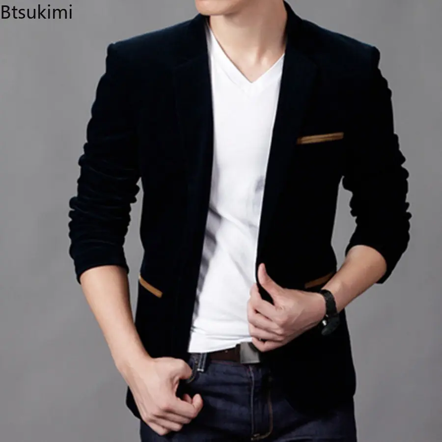 2025 Men's Corduroy Blazer Jackets Spring Autumn Fashion Business Casual Slim Suit Coats Men Wedding Groom Tops Stage DJ Costume