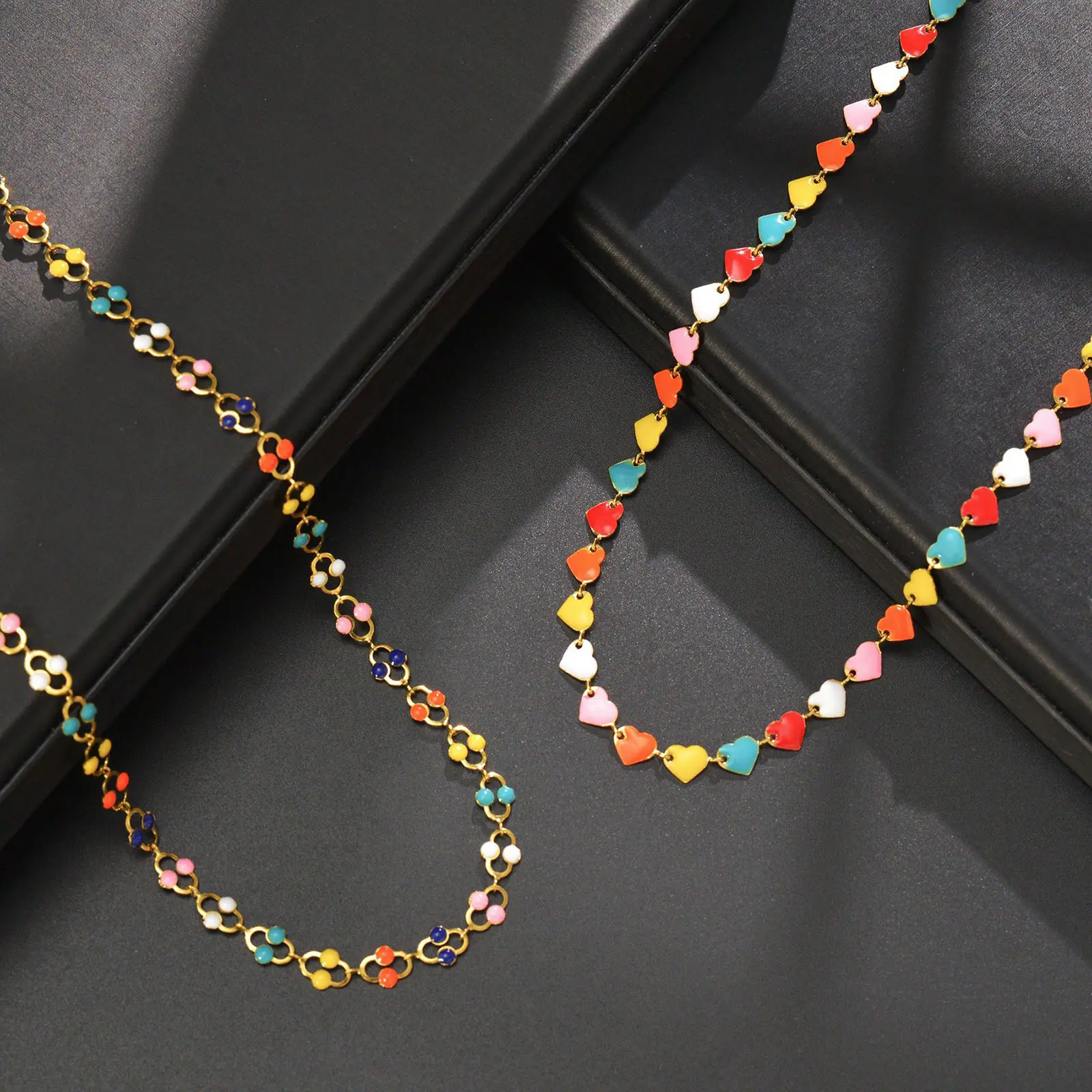 304 Stainless Steel Stylish Necklace Gold Color Multicolor Enamel Moon Heart Femme Jewelry Gift 35cm(13 6/8") long, 1 Piece