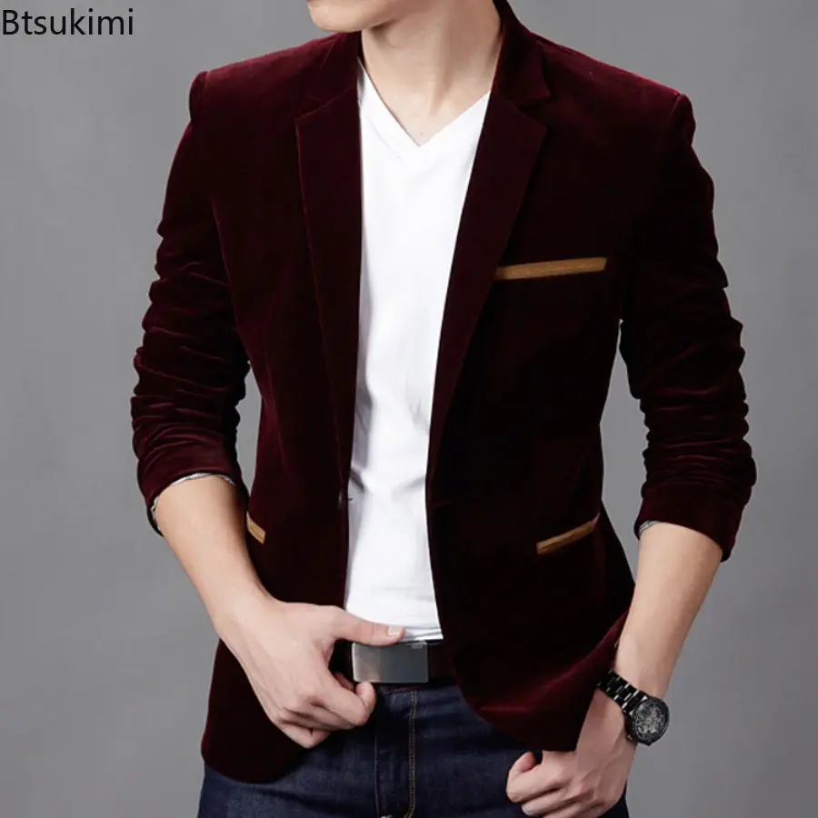 2025 Men's Corduroy Blazer Jackets Spring Autumn Fashion Business Casual Slim Suit Coats Men Wedding Groom Tops Stage DJ Costume