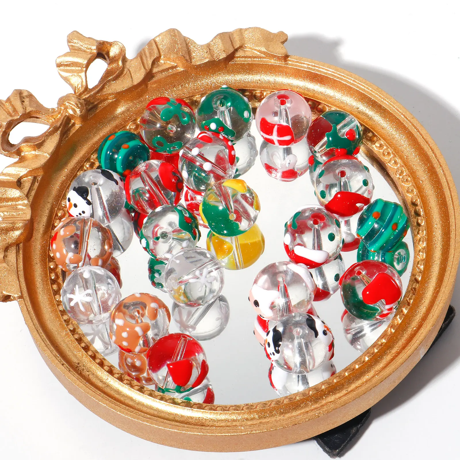 5 PCs Round Christmas Lampwork Glass Beads Multicolor Xmas Tree Snowman Enamel DIY Making About 14mm Dia, Hole: Approx 1.5mm