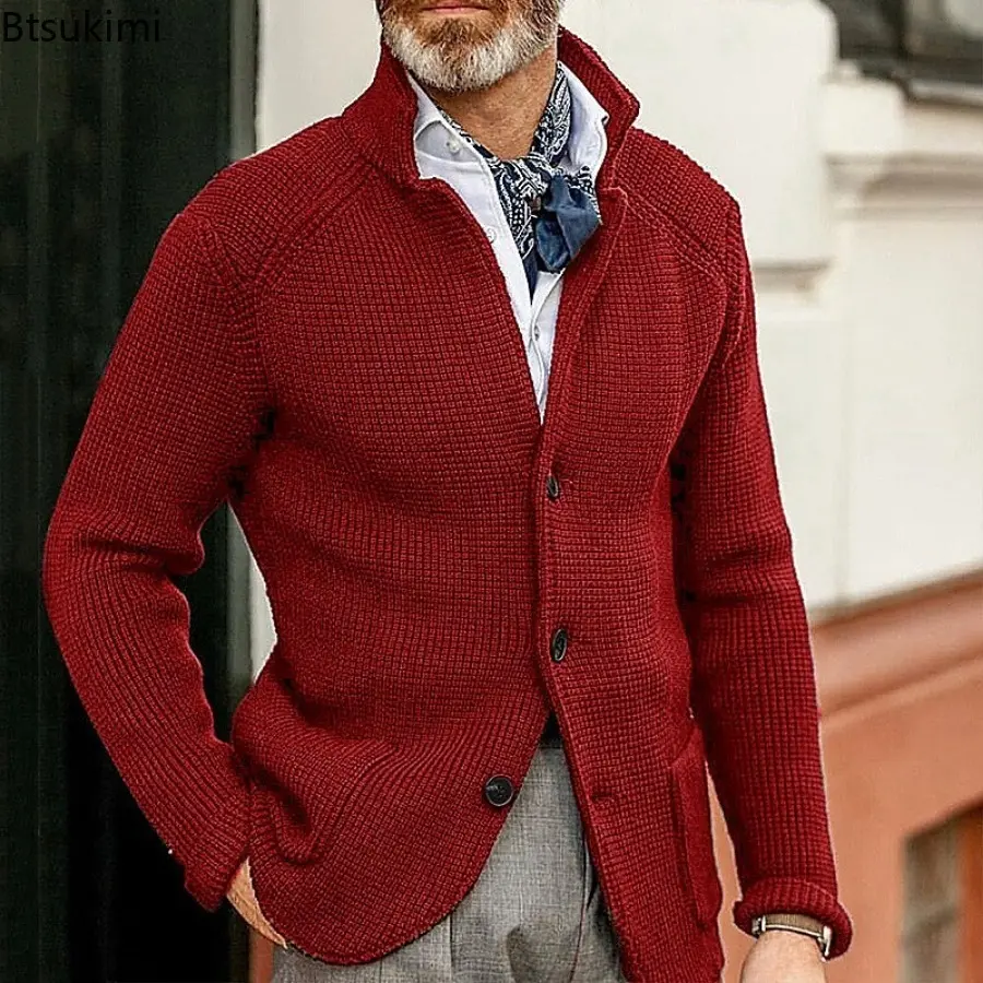 Autumn Winter Men's Long Sleeve Thick Warm Sweaters Solid Stand Collar Buttons Knitted Cardigan Coats Male Casual Sweater Jacket
