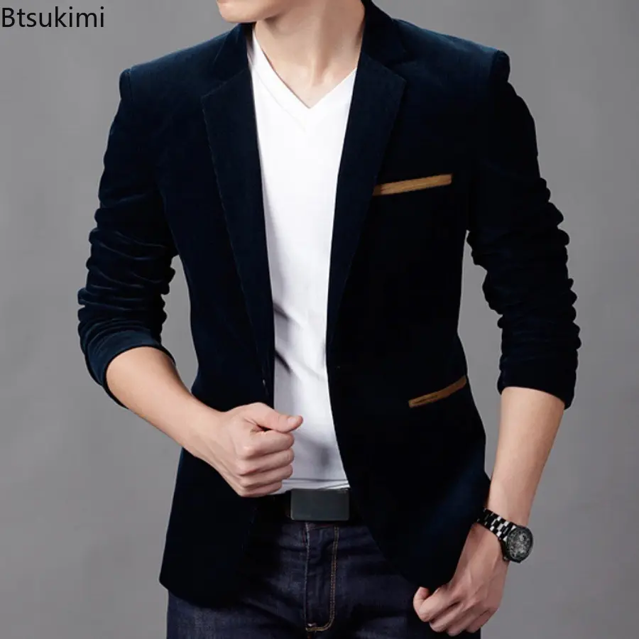 2025 Men's Corduroy Blazer Jackets Spring Autumn Fashion Business Casual Slim Suit Coats Men Wedding Groom Tops Stage DJ Costume