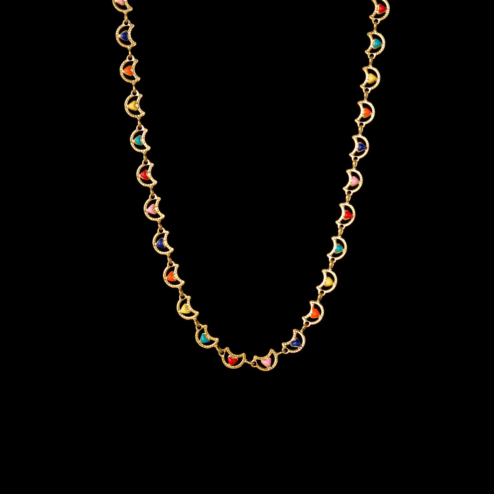 304 Stainless Steel Stylish Necklace Gold Color Multicolor Enamel Moon Heart Femme Jewelry Gift 35cm(13 6/8") long, 1 Piece