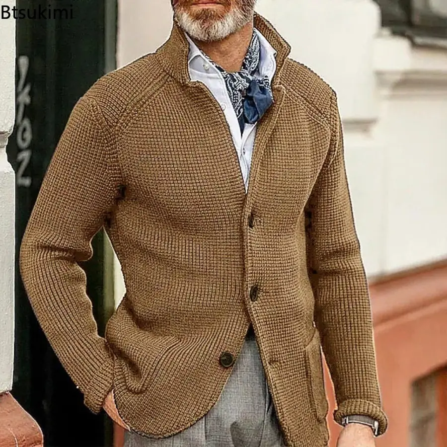 Autumn Winter Men's Long Sleeve Thick Warm Sweaters Solid Stand Collar Buttons Knitted Cardigan Coats Male Casual Sweater Jacket