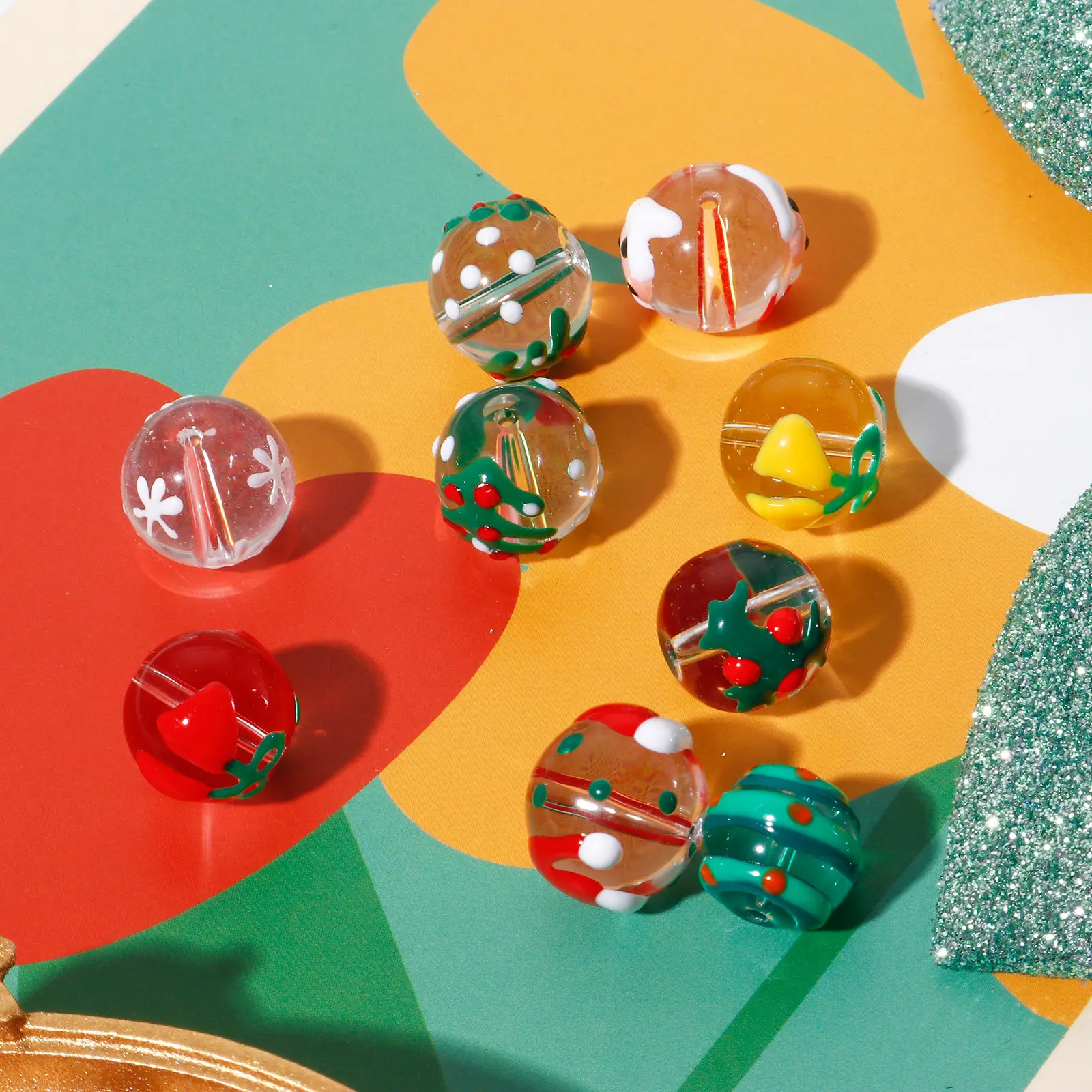5 PCs Round Christmas Lampwork Glass Beads Multicolor Xmas Tree Snowman Enamel DIY Making About 14mm Dia, Hole: Approx 1.5mm