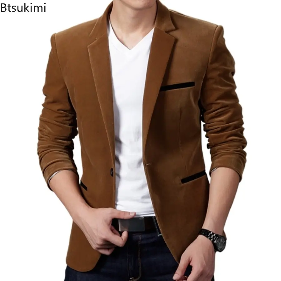 2025 Men's Corduroy Blazer Jackets Spring Autumn Fashion Business Casual Slim Suit Coats Men Wedding Groom Tops Stage DJ Costume