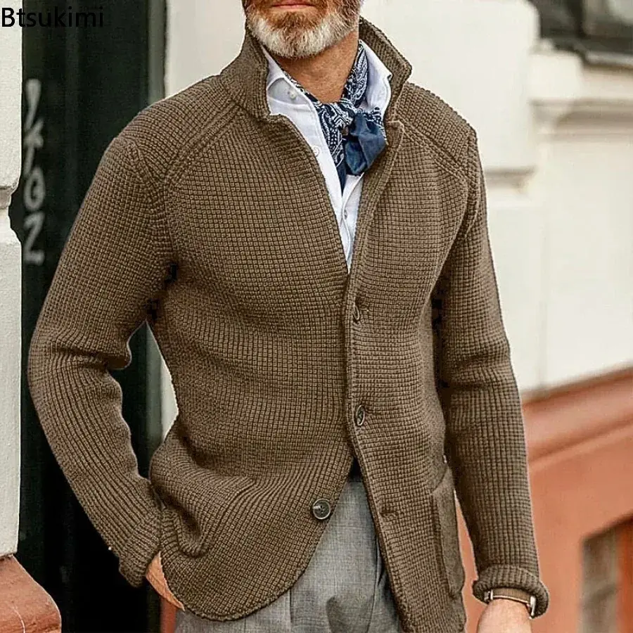Autumn Winter Men's Long Sleeve Thick Warm Sweaters Solid Stand Collar Buttons Knitted Cardigan Coats Male Casual Sweater Jacket