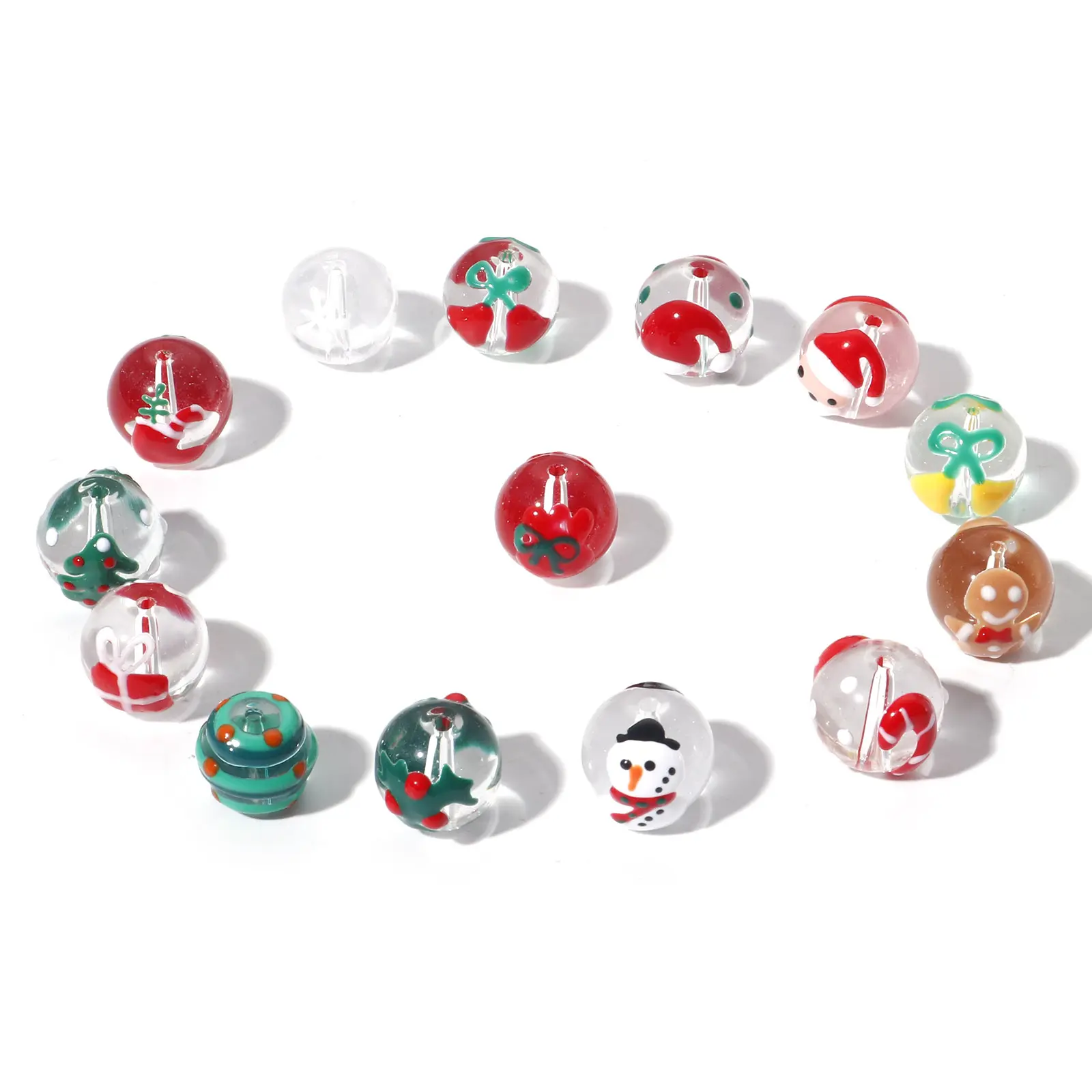 5 PCs Round Christmas Lampwork Glass Beads Multicolor Xmas Tree Snowman Enamel DIY Making About 14mm Dia, Hole: Approx 1.5mm