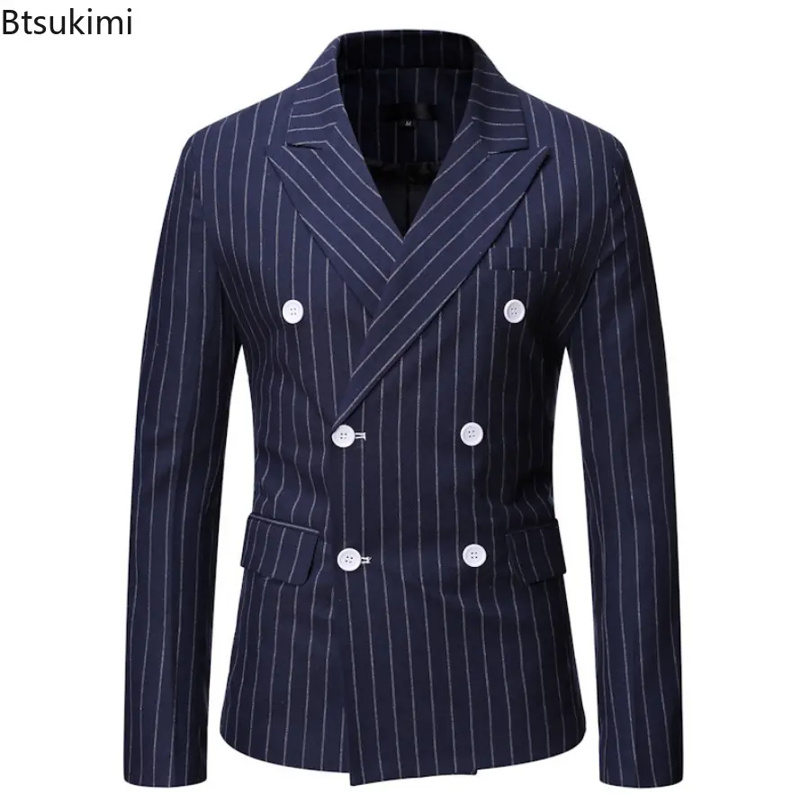 Spring Autumn Men's Striped Blazer Jacket Fashion Double Breasted Men Suit Coats Casual Business Homme Costume Gentleman Coats