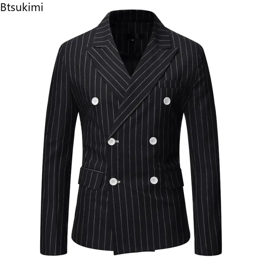 Spring Autumn Men's Striped Blazer Jacket Fashion Double Breasted Men Suit Coats Casual Business Homme Costume Gentleman Coats