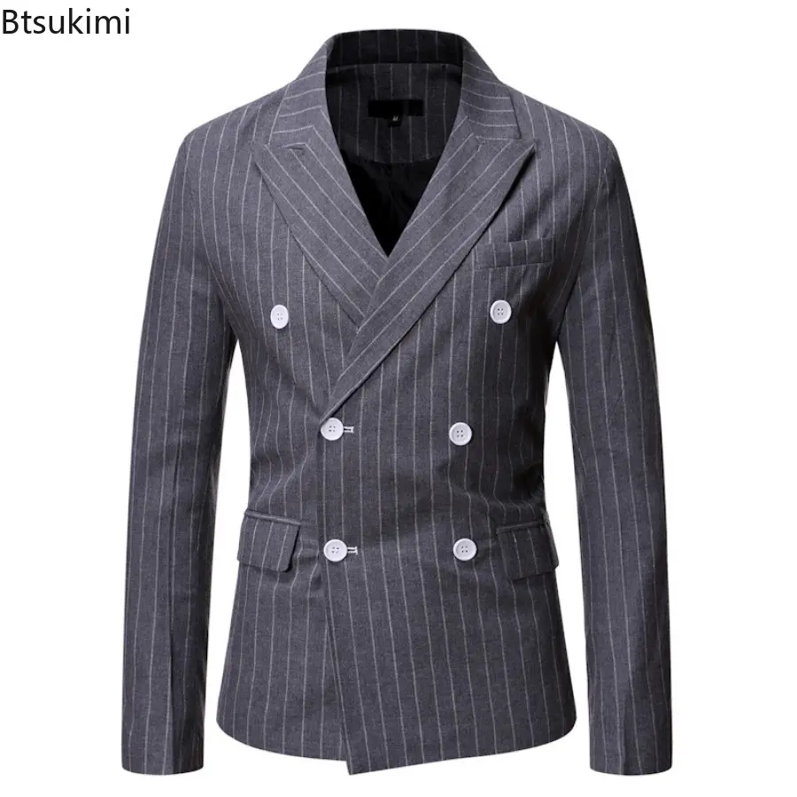 Spring Autumn Men's Striped Blazer Jacket Fashion Double Breasted Men Suit Coats Casual Business Homme Costume Gentleman Coats
