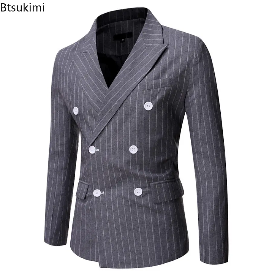 Spring Autumn Men's Striped Blazer Jacket Fashion Double Breasted Men Suit Coats Casual Business Homme Costume Gentleman Coats