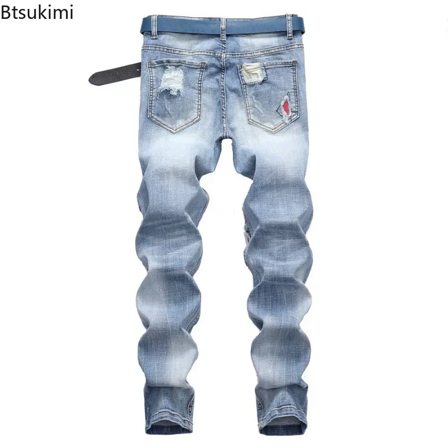 2025 Men's Street Style Motorcycle Jeans Pants Fashion Patchwork Hole Jeans Men Cotton Slim Hip Hop Denim Pants Large Size 28-42