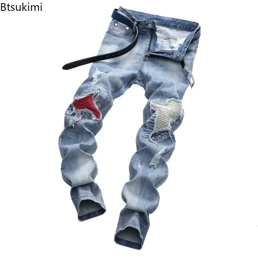 2025 Men's Street Style Motorcycle Jeans Pants Fashion Patchwork Hole Jeans Men Cotton Slim Hip Hop Denim Pants Large Size 28-42