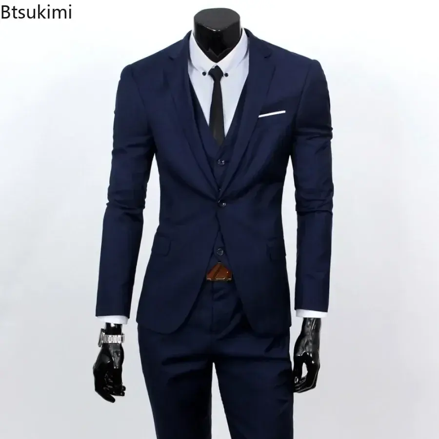 2025 Men's Suit Three Piece Sets (Blazers+Vest+Pants) Fashion Solid Slim Business Party Gown Wedding Groom Dress Suit Plus Size