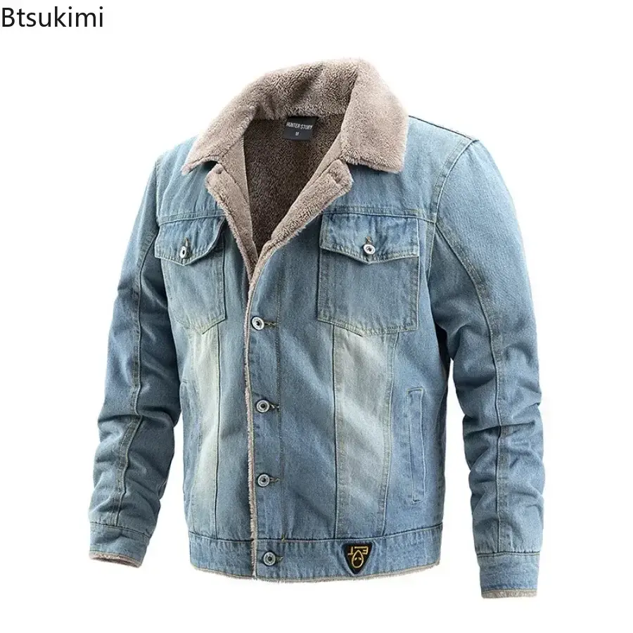 2025 Men's Vintage Denim Jacket Autumn Winter New Thicked Plush Liner Warm Loose Casual Lapel Neck Coat Male Fashion Jean Parkas