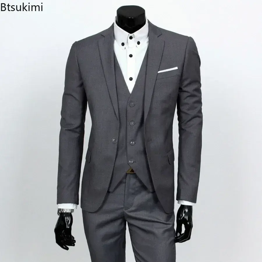 2025 Men's Suit Three Piece Sets (Blazers+Vest+Pants) Fashion Solid Slim Business Party Gown Wedding Groom Dress Suit Plus Size