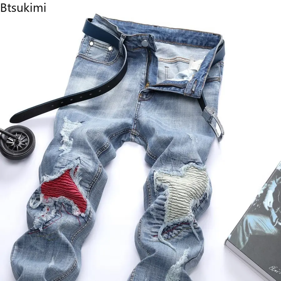 2025 Men's Street Style Motorcycle Jeans Pants Fashion Patchwork Hole Jeans Men Cotton Slim Hip Hop Denim Pants Large Size 28-42