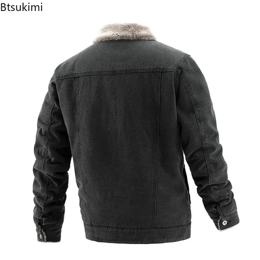 2025 Men's Vintage Denim Jacket Autumn Winter New Thicked Plush Liner Warm Loose Casual Lapel Neck Coat Male Fashion Jean Parkas