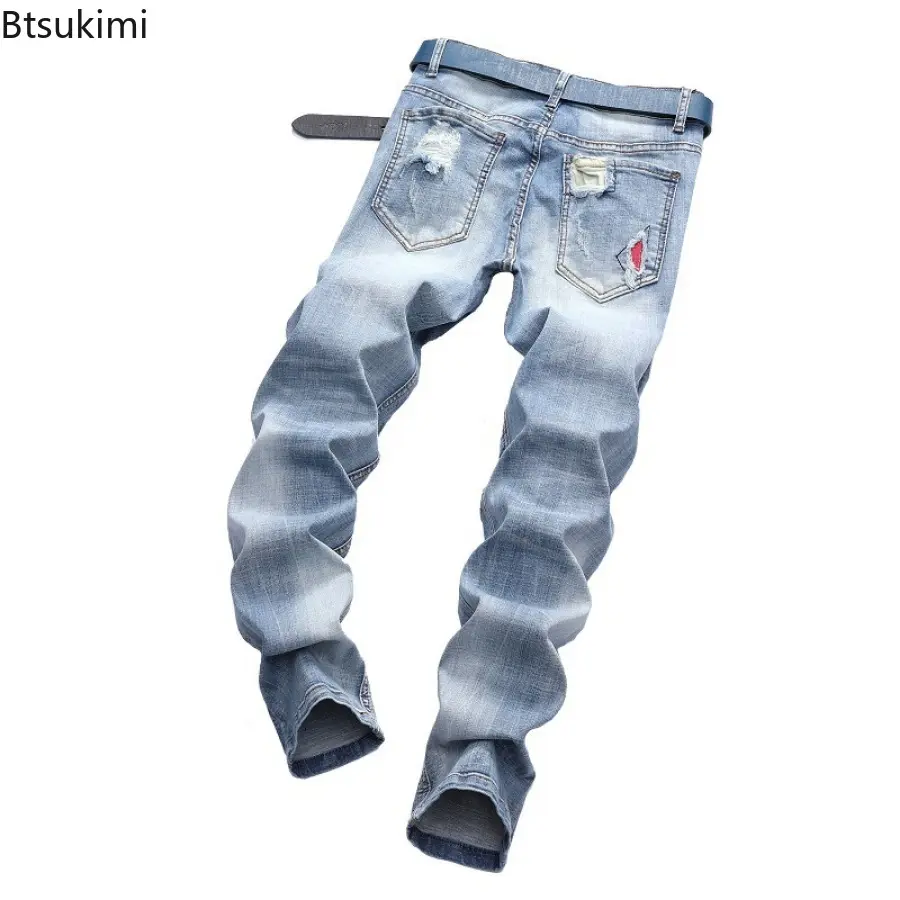 2025 Men's Street Style Motorcycle Jeans Pants Fashion Patchwork Hole Jeans Men Cotton Slim Hip Hop Denim Pants Large Size 28-42