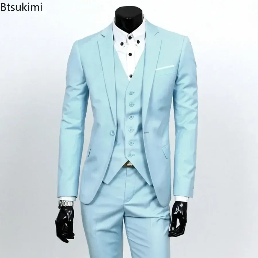 2025 Men's Suit Three Piece Sets (Blazers+Vest+Pants) Fashion Solid Slim Business Party Gown Wedding Groom Dress Suit Plus Size