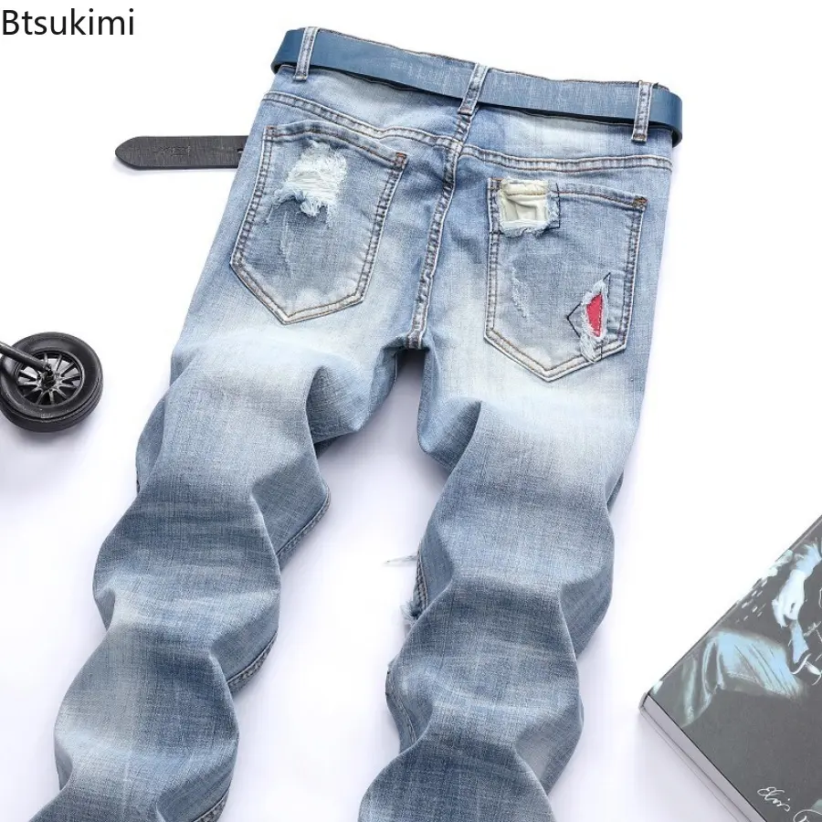 2025 Men's Street Style Motorcycle Jeans Pants Fashion Patchwork Hole Jeans Men Cotton Slim Hip Hop Denim Pants Large Size 28-42