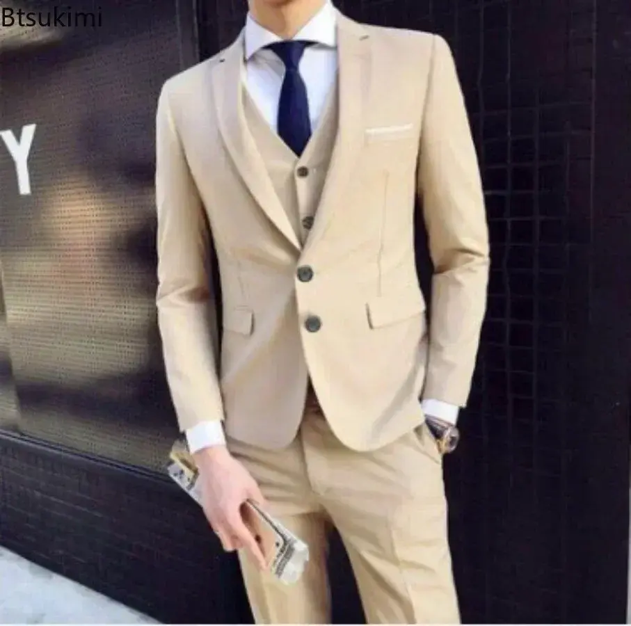 2025 Men's Suit Three Piece Sets (Blazers+Vest+Pants) Fashion Solid Slim Business Party Gown Wedding Groom Dress Suit Plus Size