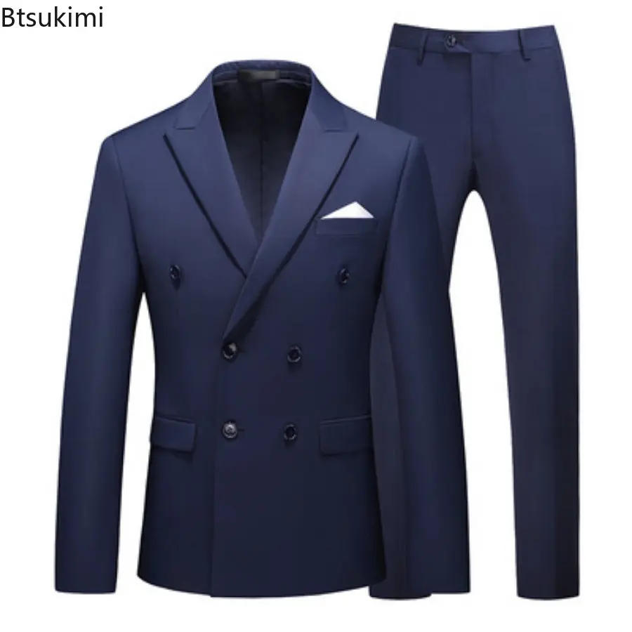 2025 New Men's High Quality Double Breasted Suit Sets Men Solid Slim Business Banquet Formal Blazers Coat and Pants Two-pieces