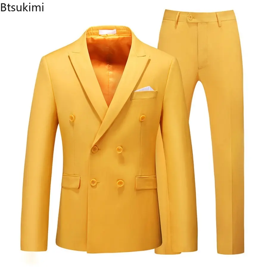 2025 New Men's High Quality Double Breasted Suit Sets Men Solid Slim Business Banquet Formal Blazers Coat and Pants Two-pieces