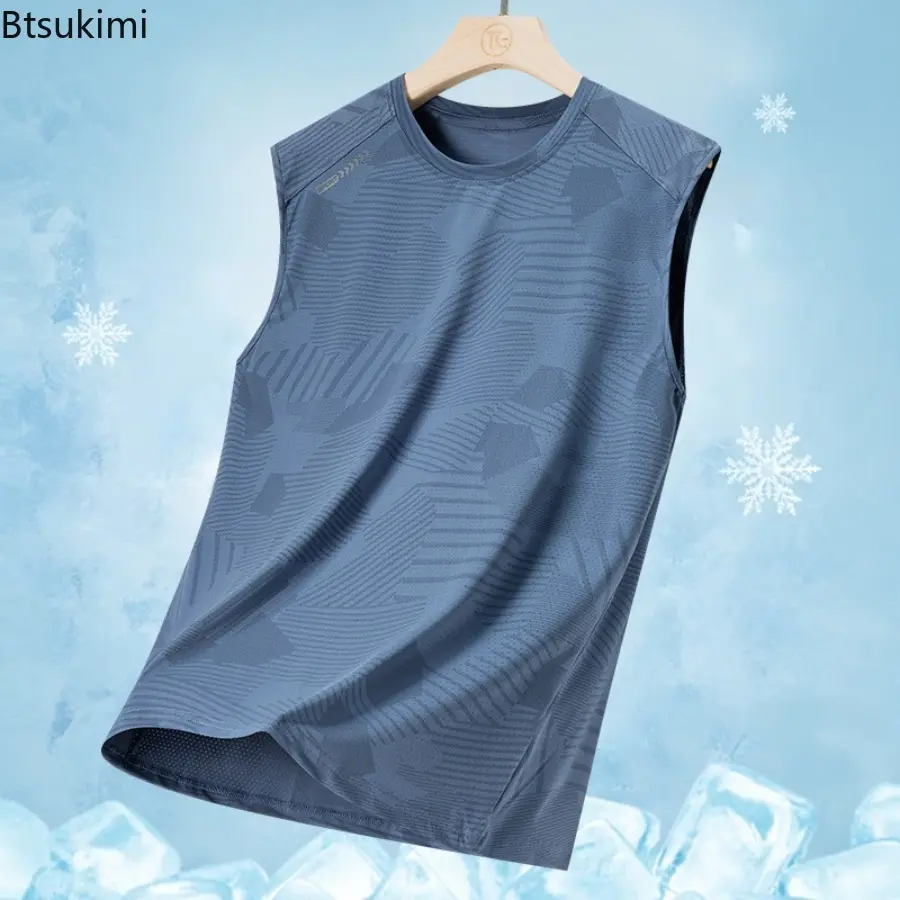 Men's Sports Quick Dry Ice Silk Sleeveless Tops Solid Color Geometric Elasticity Lightweight Loose Tank Tops Breathable Gym Vest