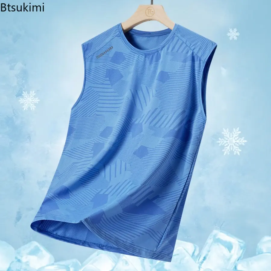 Men's Sports Quick Dry Ice Silk Sleeveless Tops Solid Color Geometric Elasticity Lightweight Loose Tank Tops Breathable Gym Vest