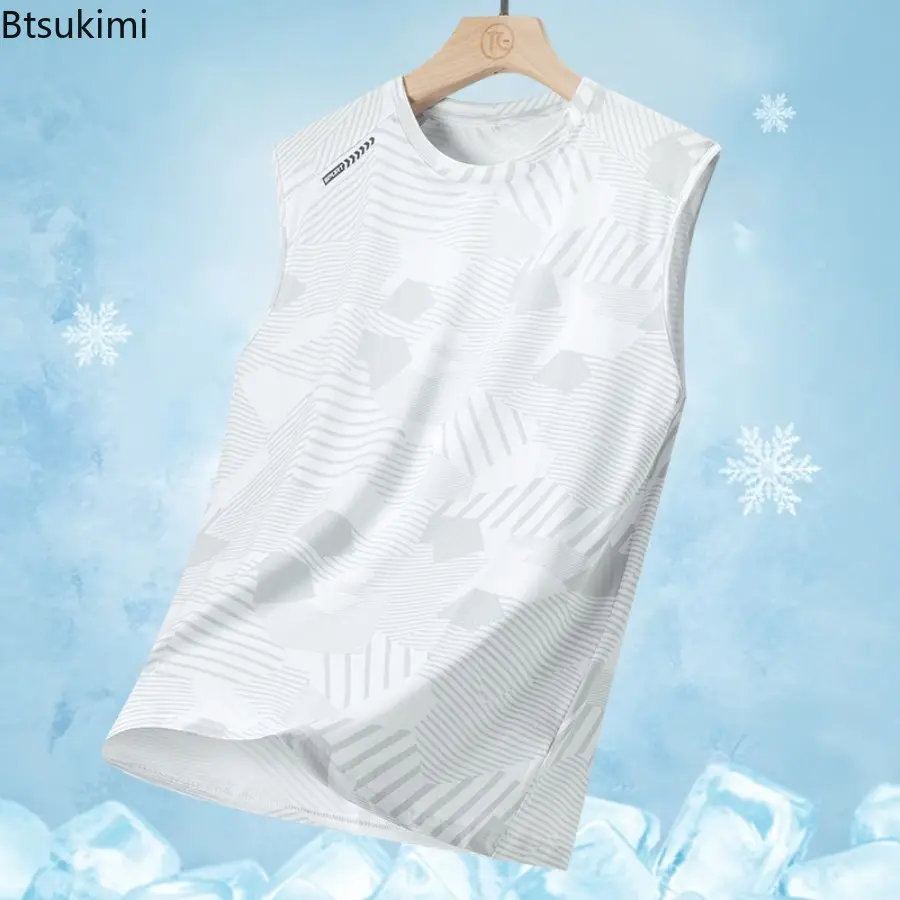 Men's Sports Quick Dry Ice Silk Sleeveless Tops Solid Color Geometric Elasticity Lightweight Loose Tank Tops Breathable Gym Vest