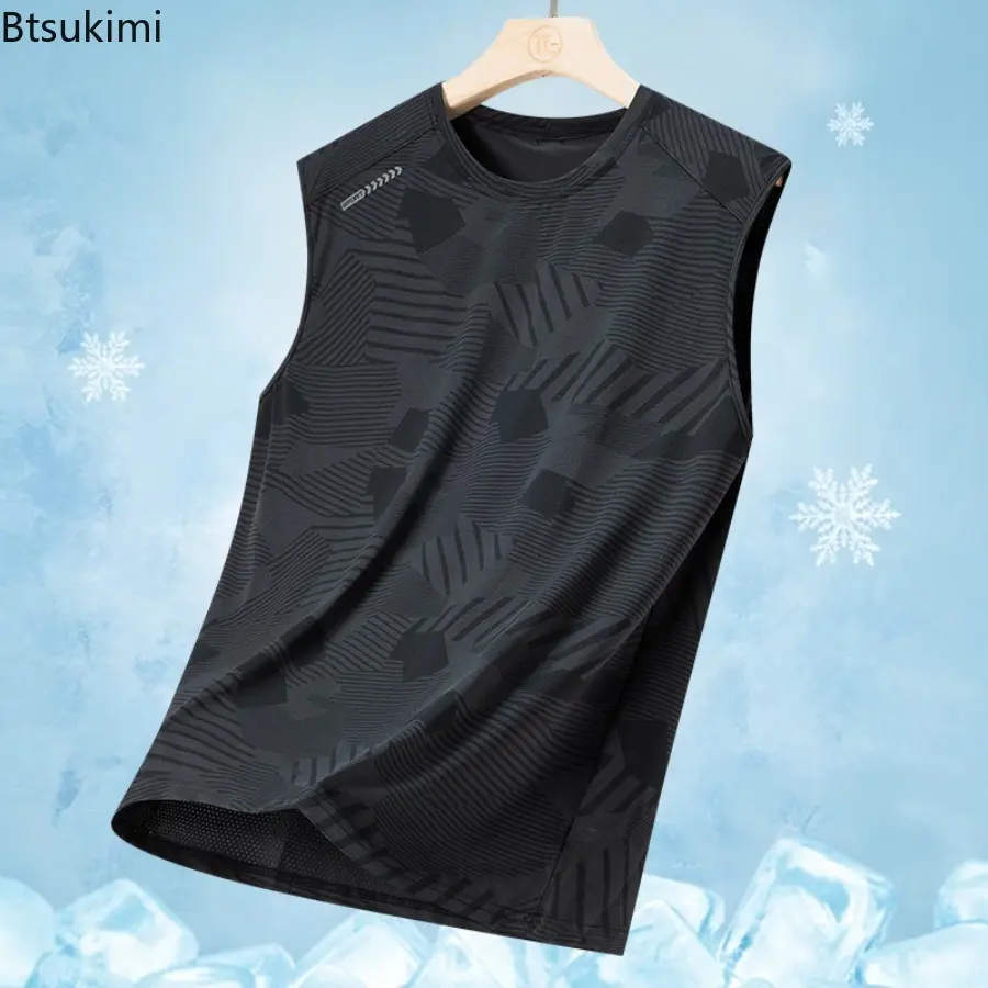 Men's Sports Quick Dry Ice Silk Sleeveless Tops Solid Color Geometric Elasticity Lightweight Loose Tank Tops Breathable Gym Vest