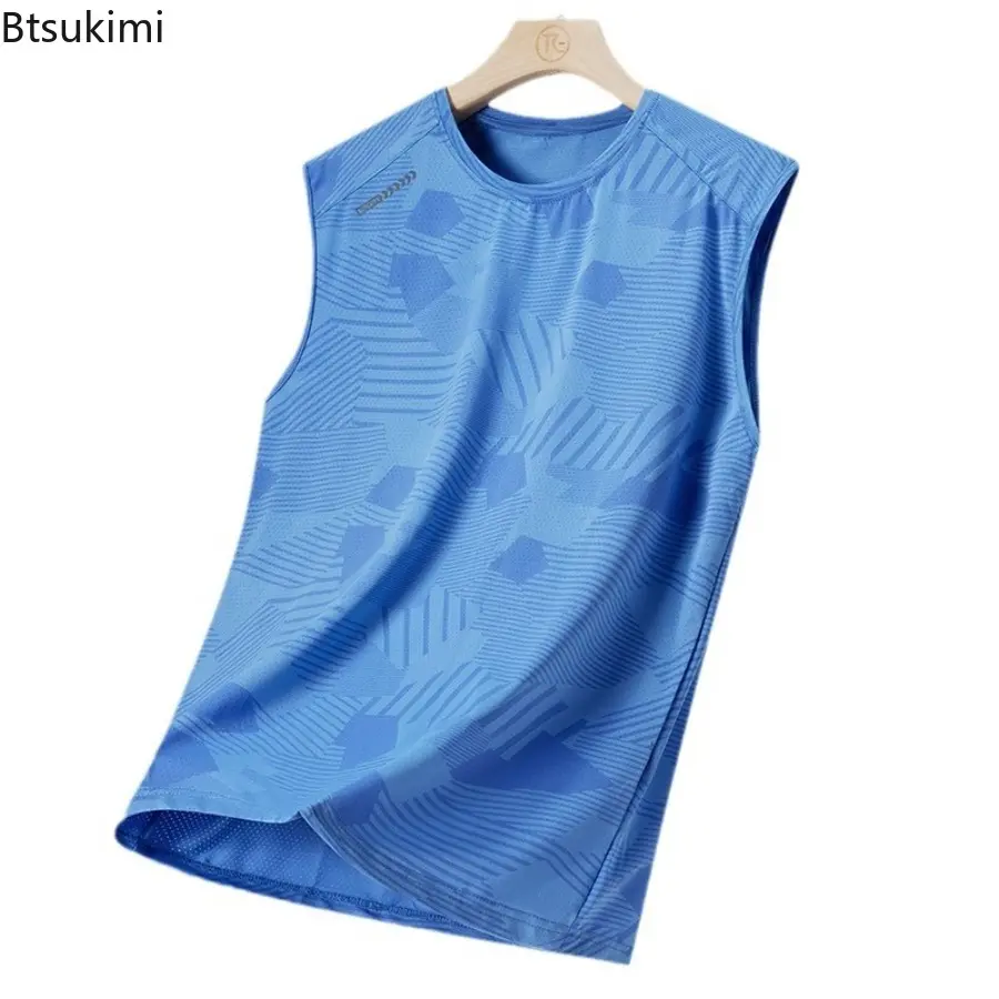 Men's Sports Quick Dry Ice Silk Sleeveless Tops Solid Color Geometric Elasticity Lightweight Loose Tank Tops Breathable Gym Vest