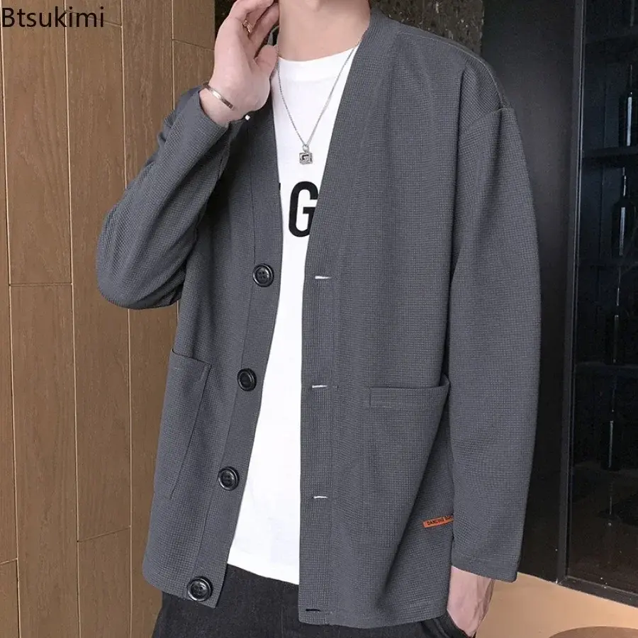 2025 Men's Waffle V Neck Cardigan Hoodies Fashion Splice Pockets Business Casual Jacket High-end Handsome Trench Coats Tops Male