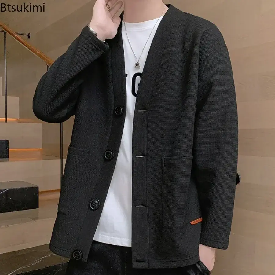 2025 Men's Waffle V Neck Cardigan Hoodies Fashion Splice Pockets Business Casual Jacket High-end Handsome Trench Coats Tops Male