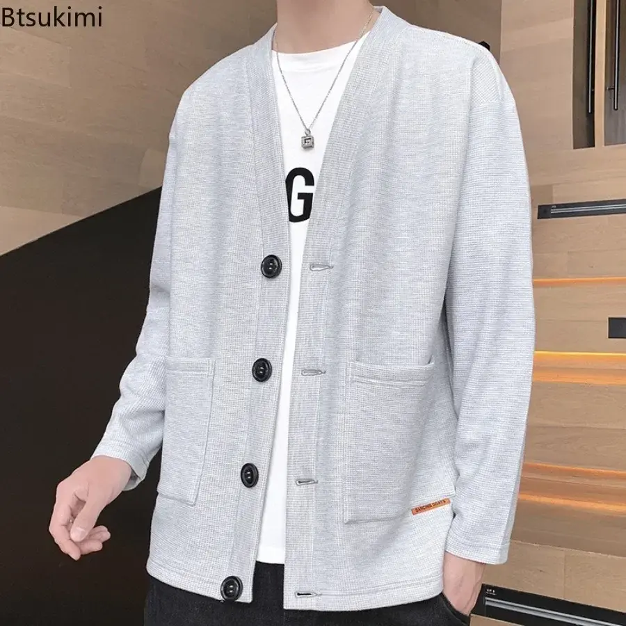 2025 Men's Waffle V Neck Cardigan Hoodies Fashion Splice Pockets Business Casual Jacket High-end Handsome Trench Coats Tops Male