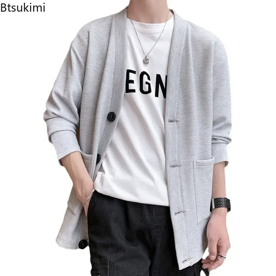 2025 Men's Waffle V Neck Cardigan Hoodies Fashion Splice Pockets Business Casual Jacket High-end Handsome Trench Coats Tops Male