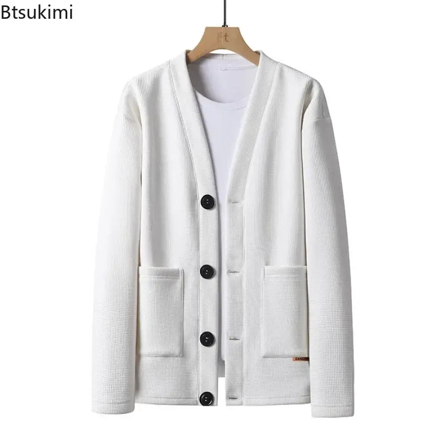 2025 Men's Waffle V Neck Cardigan Hoodies Fashion Splice Pockets Business Casual Jacket High-end Handsome Trench Coats Tops Male