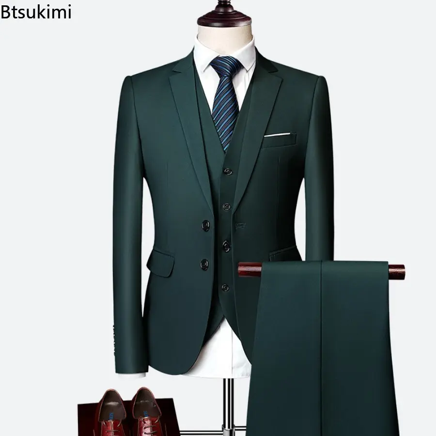 Fashion New Men's Elegant Formal Business Luxury Blazers Sets (Jacket+Pants+Vest) Groom Wedding Dresses Solid Slim Suits M-6XL