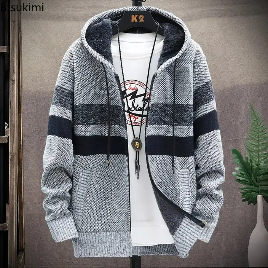 2025 Men's Thicker Warm Knitted Sweaters Hooded Cardigan Jackets Fashion Striped Zipper Knit Sweater Jacket Windproof Coats Male