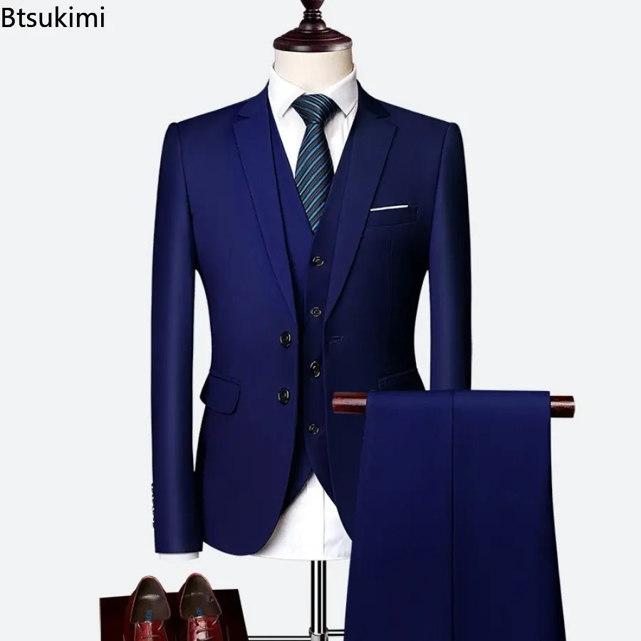 Fashion New Men's Elegant Formal Business Luxury Blazers Sets (Jacket+Pants+Vest) Groom Wedding Dresses Solid Slim Suits M-6XL