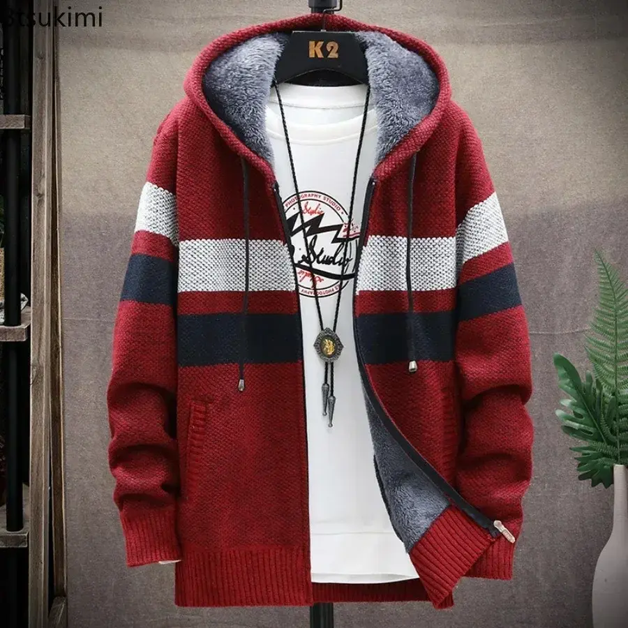 2025 Men's Thicker Warm Knitted Sweaters Hooded Cardigan Jackets Fashion Striped Zipper Knit Sweater Jacket Windproof Coats Male