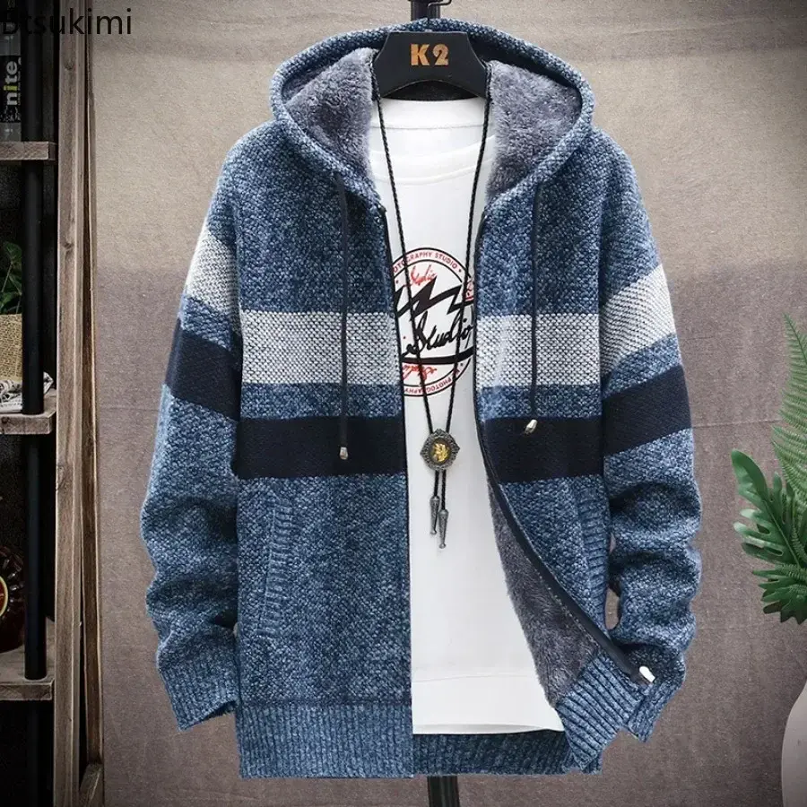 2025 Men's Thicker Warm Knitted Sweaters Hooded Cardigan Jackets Fashion Striped Zipper Knit Sweater Jacket Windproof Coats Male