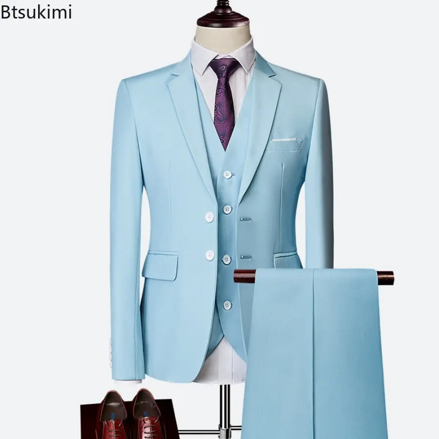 Fashion New Men's Elegant Formal Business Luxury Blazers Sets (Jacket+Pants+Vest) Groom Wedding Dresses Solid Slim Suits M-6XL