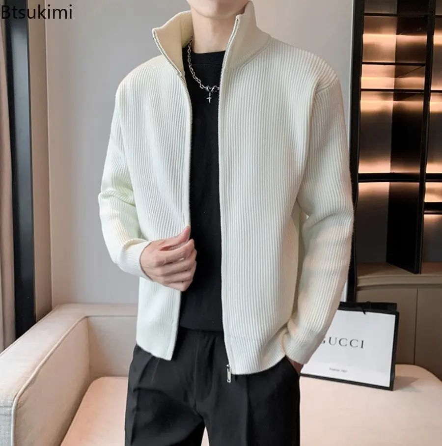 2025 New Spring Autumn Sweater Cardigan Thin Knitted Coat Men's Fashion Versatile Solid Color Long Sleeve Zipper Jacket Coats