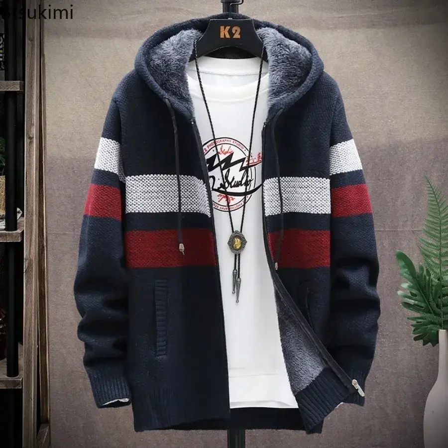2025 Men's Thicker Warm Knitted Sweaters Hooded Cardigan Jackets Fashion Striped Zipper Knit Sweater Jacket Windproof Coats Male